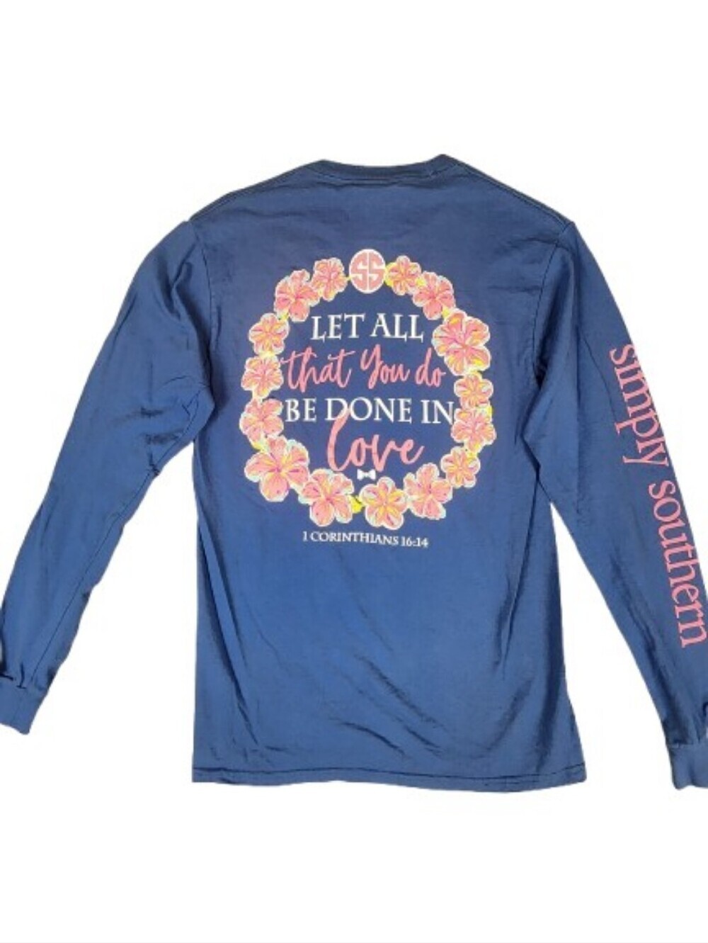 Simply Southern Blue Long Sleeve Tee "Let All That You Do Be Done In Love" Pink
